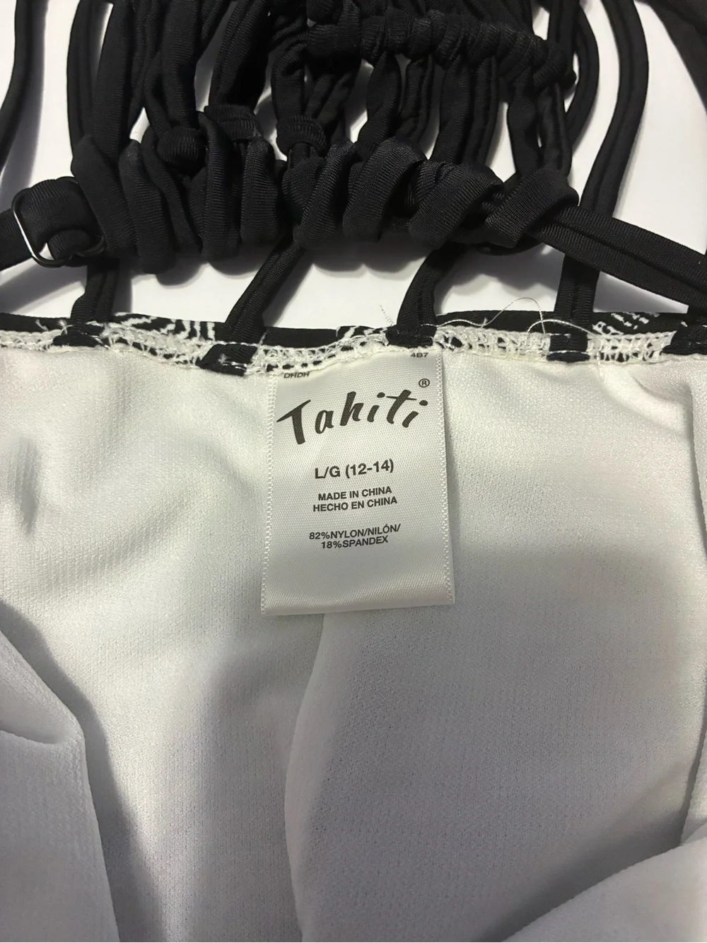 Tahiti Black & White Print One-Piece Swimsuit — Strappy Macramé Back — Size L